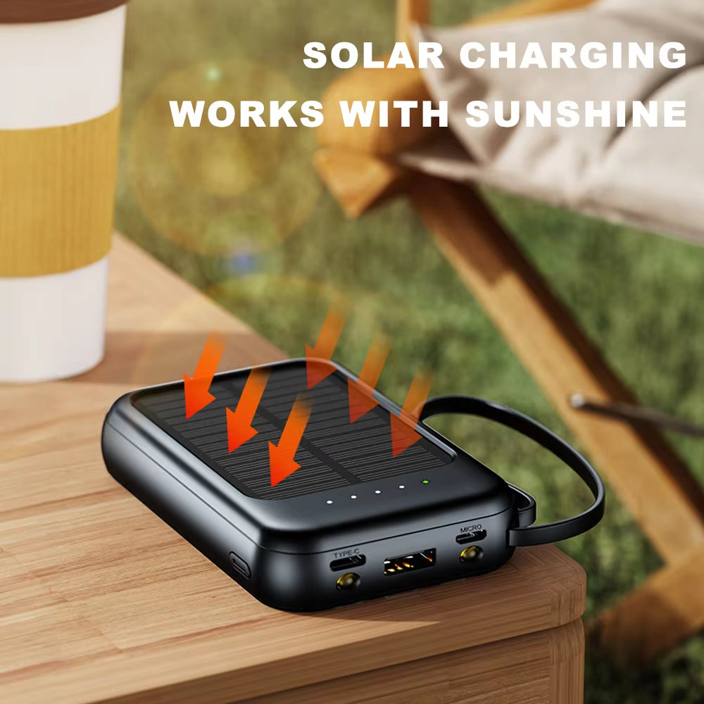 20000mAh Mini Solar Power Bank – Built-In 4 Cables, LED Light, Portable External Battery Pack