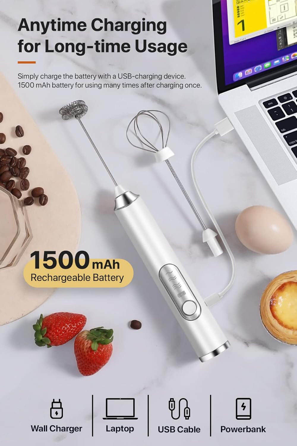 Rechargeable Electric Milk Coffee Frother Whisk Egg Beater Handheld Frappe Mixer