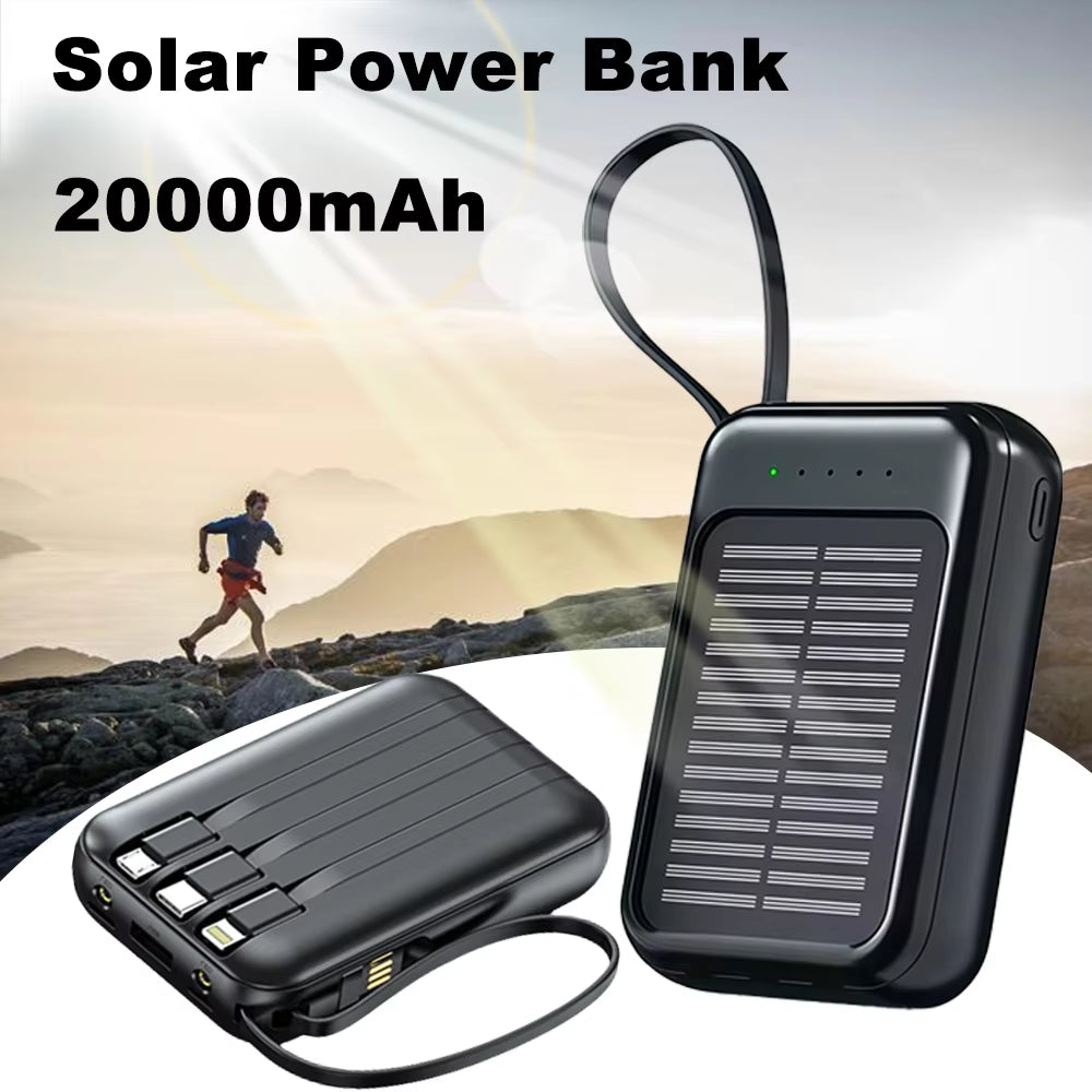 20000mAh Mini Solar Power Bank – Built-In 4 Cables, LED Light, Portable External Battery Pack