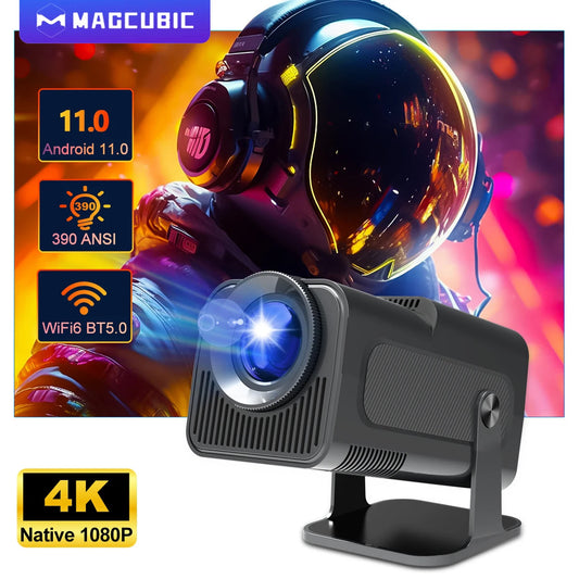 4K Android 11 Projector - Native 1080P, 390 ANSI, WiFi 6, BT 5.0, Portable Cinema