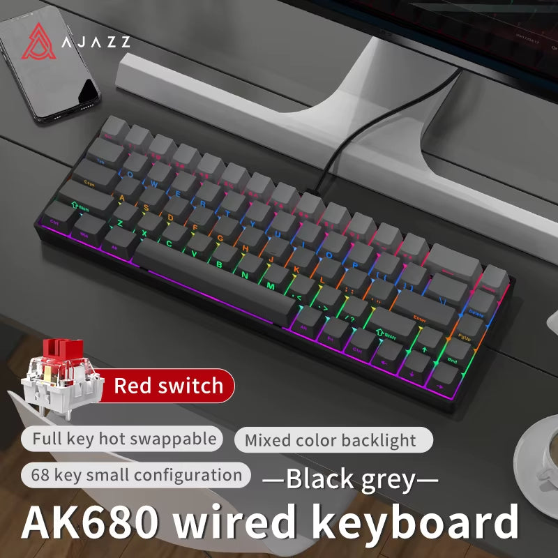 AJAZZ AK680 Mechanical Keyboard – 68 Keys, Hot-Swap, Bluetooth 5.0 / 2.4G / Wired, Gasket Mount, Compact