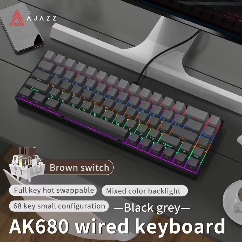 AJAZZ AK680 Mechanical Keyboard – 68 Keys, Hot-Swap, Bluetooth 5.0 / 2.4G / Wired, Gasket Mount, Compact