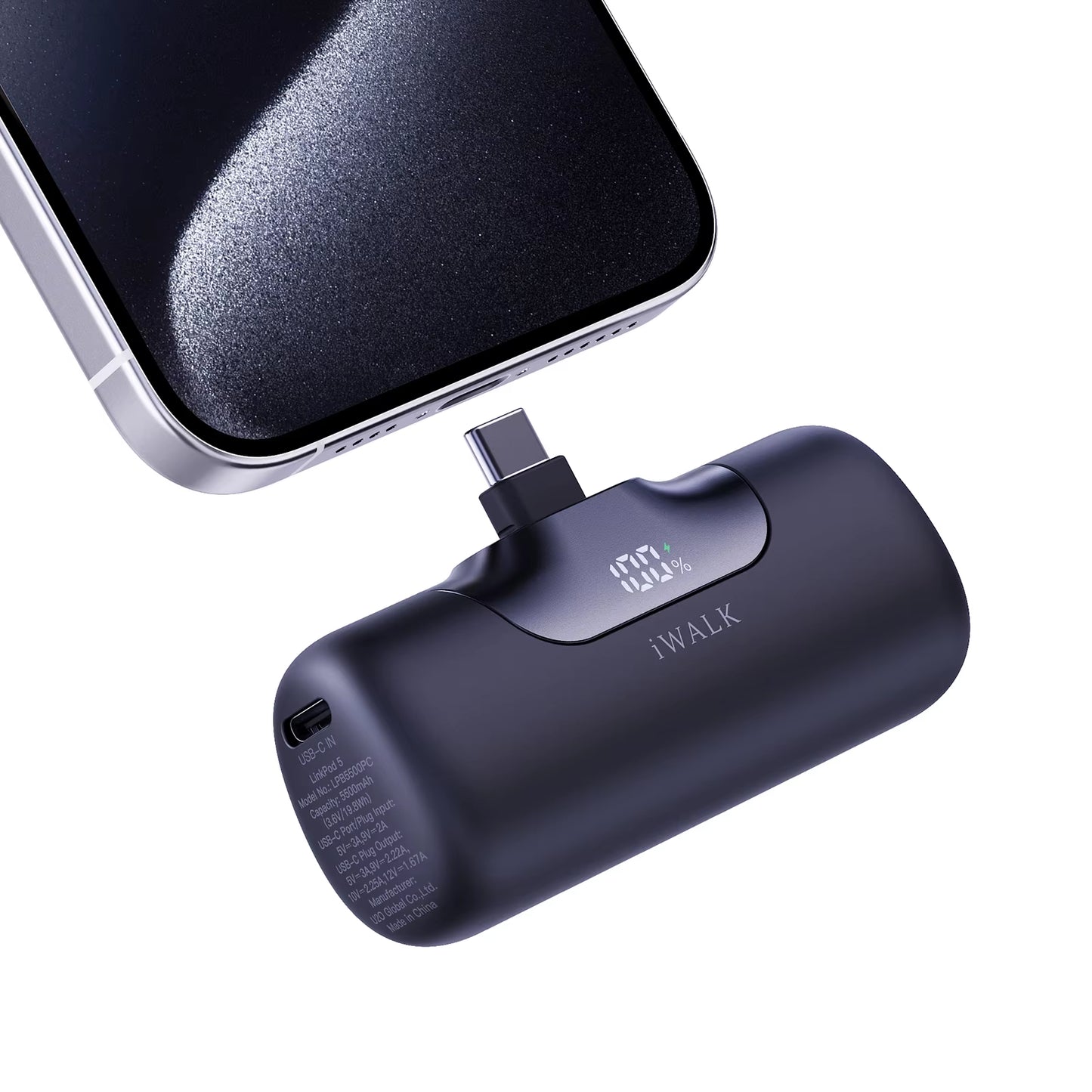 Compact 5500mAh Power Bank – 22.5W Fast Charge, Built-In USB-C, LED Display