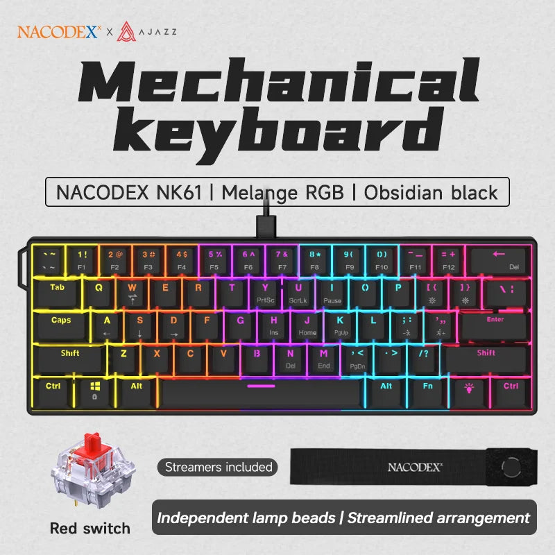 Ajazz NK61 Mechanical Wired Gaming Keyboard RGB Lighting Supports Hot-Swappable 61-Key Mechanical Wired Gaming Keyboard