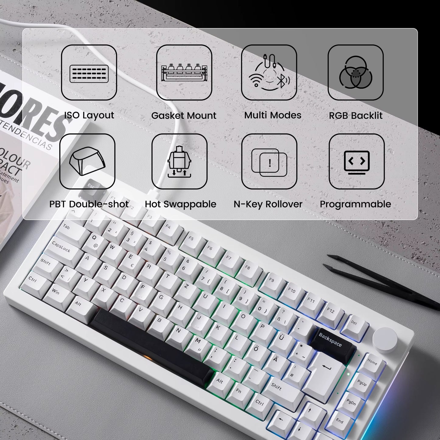 Akko 5075B Plus 75% Mechanical Keyboard – ISO-UK, Hot-Swap, RGB Side Lights, 3-Mode Wireless