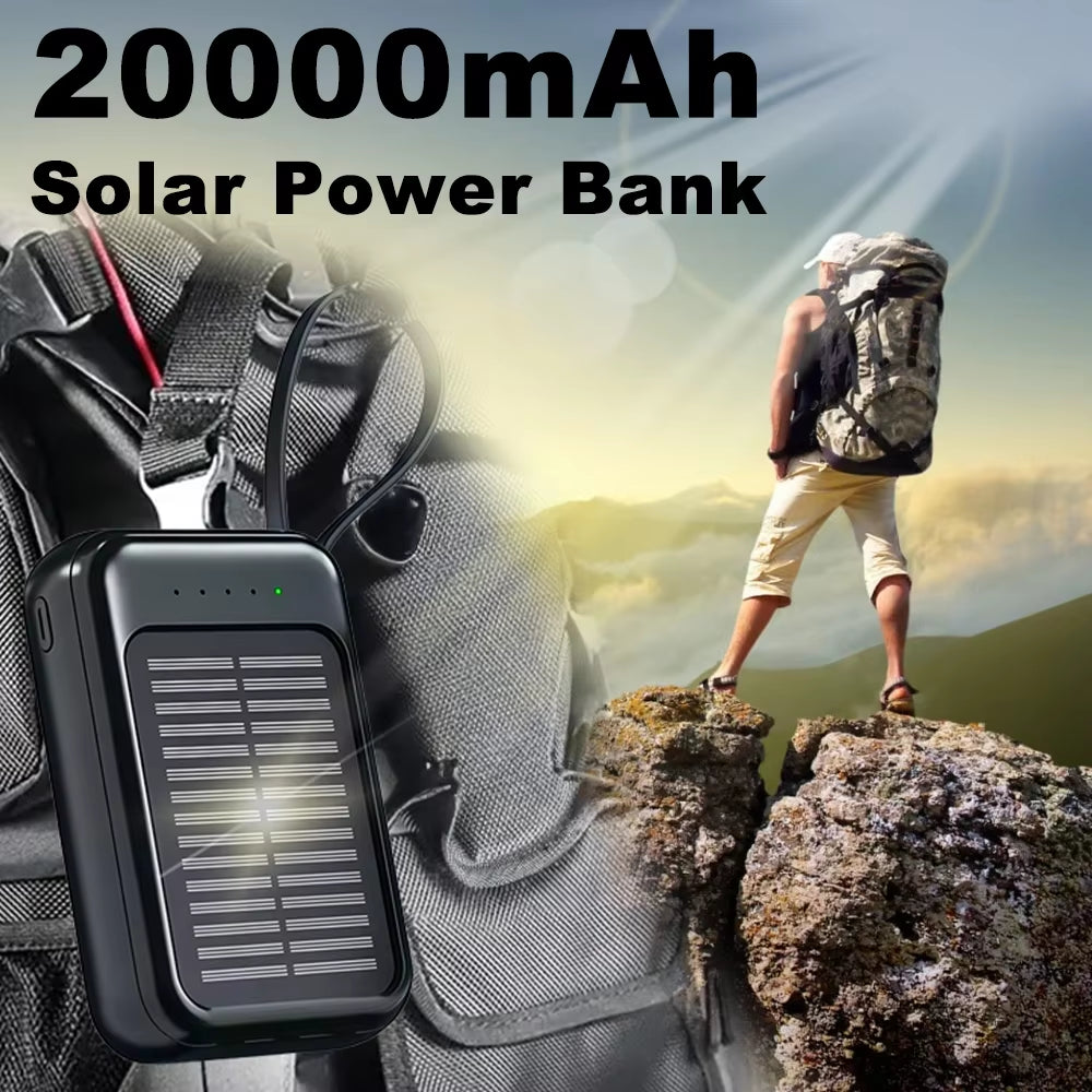 20000mAh Solar Power Bank with Flashlight – Outdoor Portable Charger (4 Outputs, LED Lights)