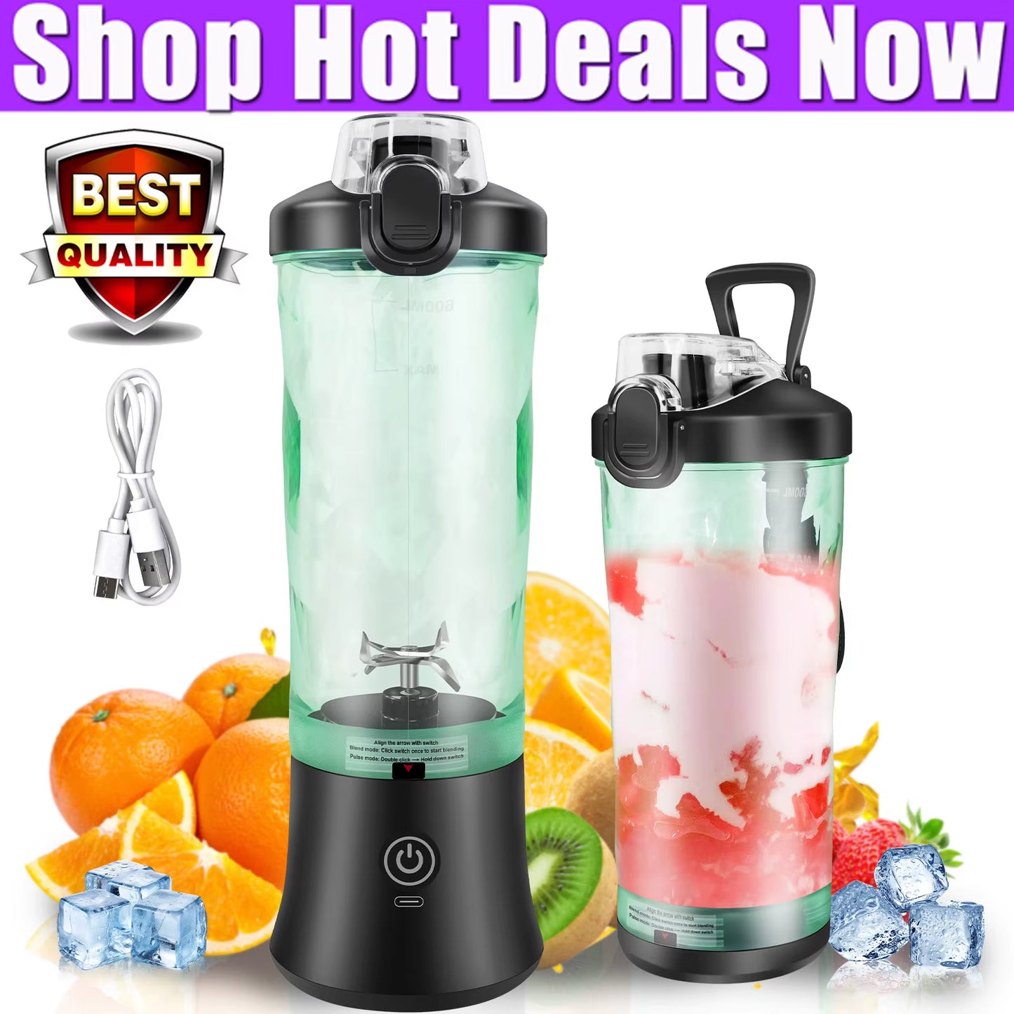 Portable 2-in-1 Smoothie Blender – 600ml USB Rechargeable Juicer with Pulse & Ice-Crush Mode