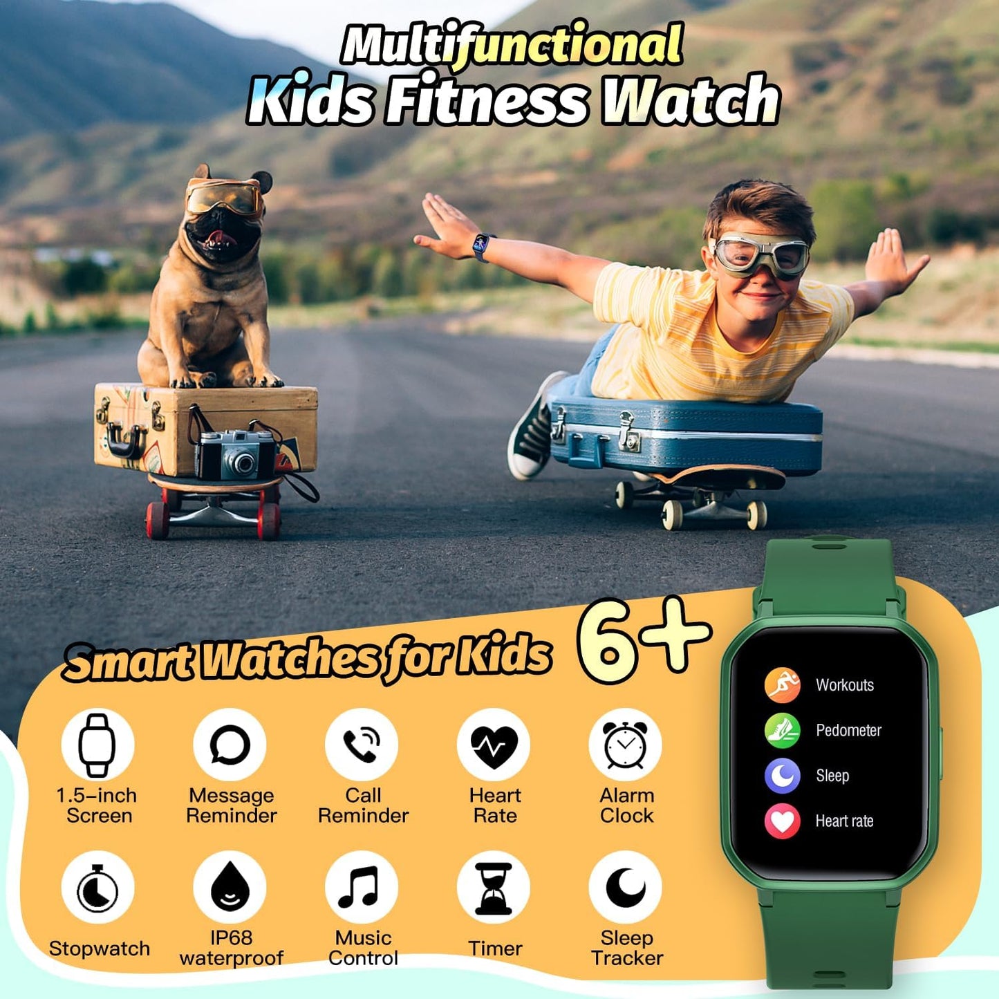 Kids Smart Watch – IP68 Waterproof Fitness Tracker with DIY Faces, Heart Rate & Sleep Monitor (Green) 