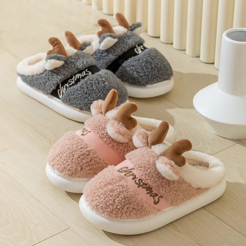 Christmas Elk Slippers – Soft Winter House Shoes, Warm Plush Slip-Ons