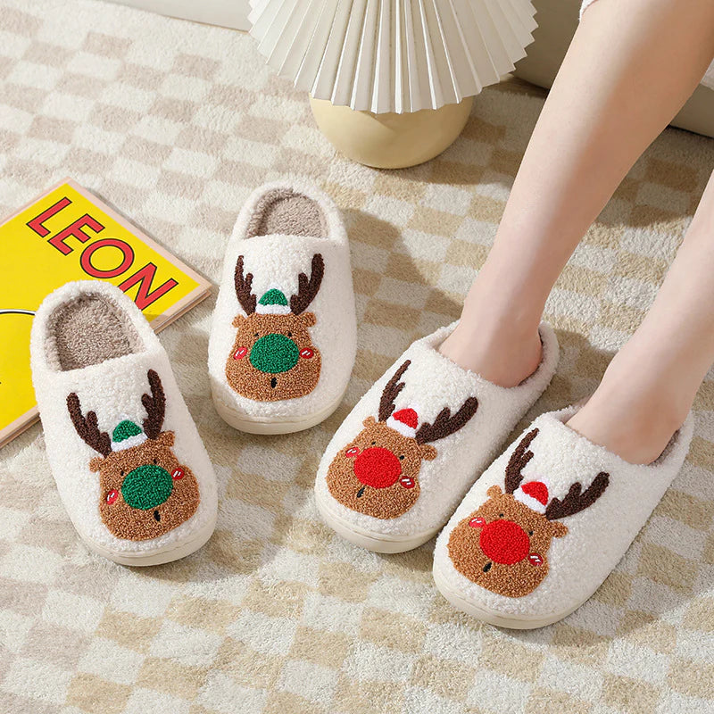 Christmas Elk Slippers – Warm Plush Winter House Shoes, Cosy Slip-Ons