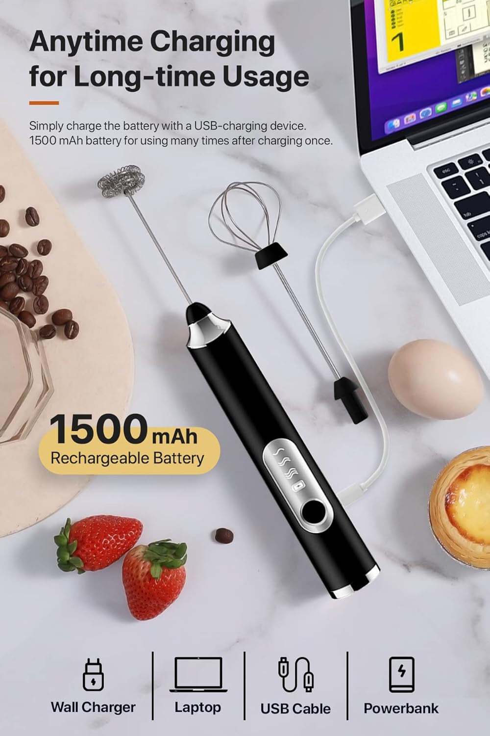 Rechargeable Electric Milk Coffee Frother Whisk Egg Beater Handheld Frappe Mixer