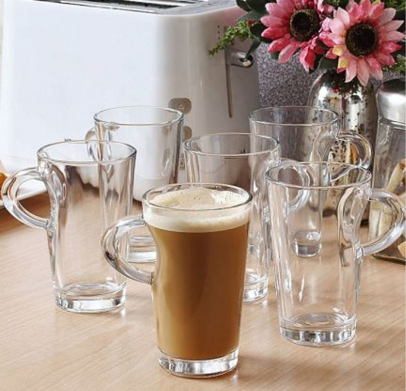 6x Elba Coffee Tall Clear Glass Mugs – 250 ml Latte Cups
