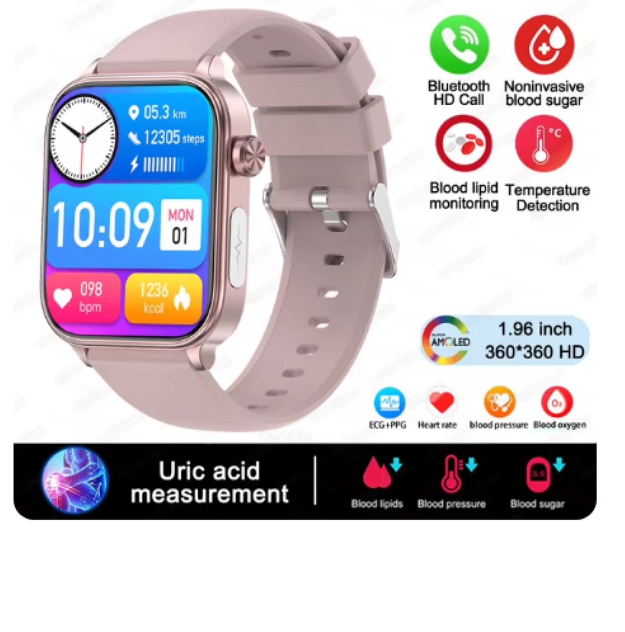 ECG/PPG Smart Watch – Heart Rate, Blood Pressure & Temperature Monitor, 1.96" Full-Touch, IP68