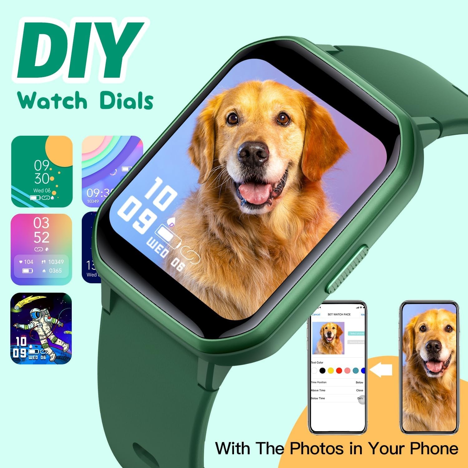 Kids Smart Watch – IP68 Waterproof Fitness Tracker with DIY Faces, Heart Rate & Sleep Monitor (Green) 