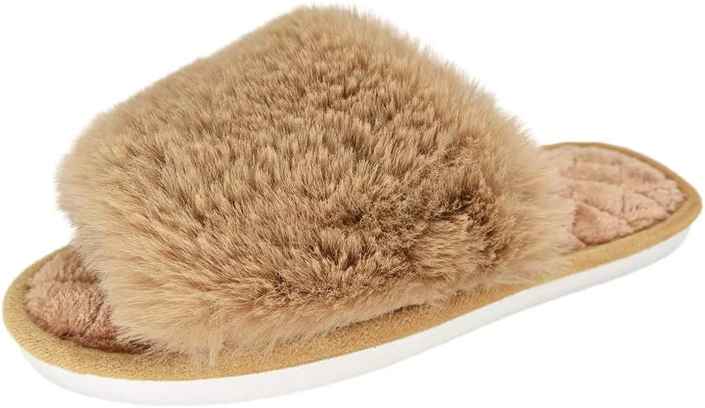 Fuzzy Fur Slippers For Her – Soft Open-Toe Memory Foam Slides, Indoor/Outdoor