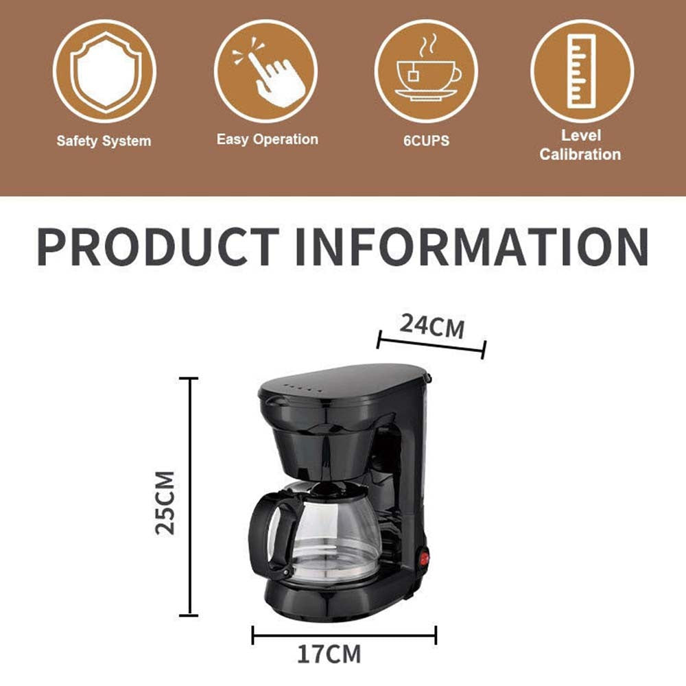 800W Filter Coffee Maker Machine – Instant Anti-Drip, 6 Cups + 750ml Glass Carafe