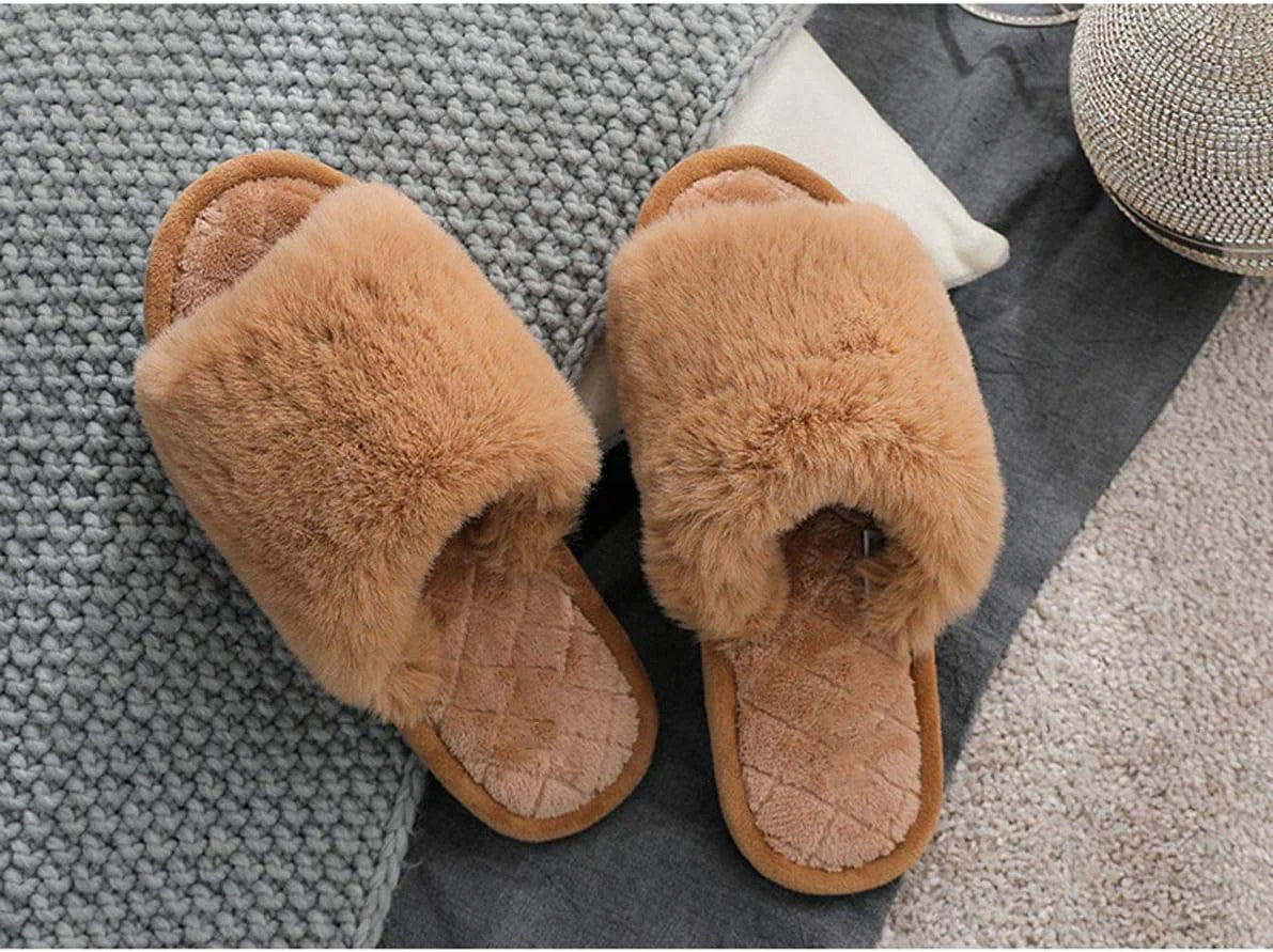 Fuzzy Fur Slippers For Her – Soft Open-Toe Memory Foam Slides, Indoor/Outdoor