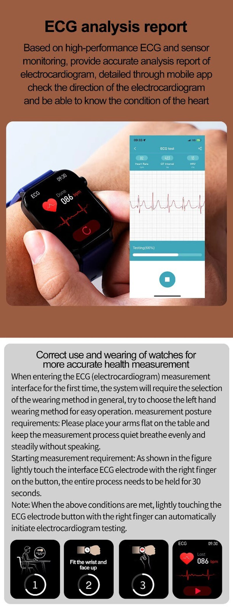 ECG/PPG Smart Watch – Heart Rate, Blood Pressure & Temperature Monitor, 1.96" Full-Touch, IP68