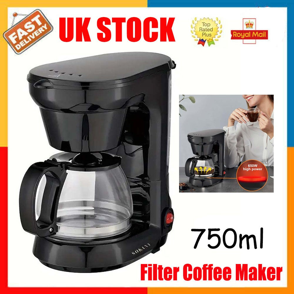 800W Filter Coffee Maker Machine – Instant Anti-Drip, 6 Cups + 750ml Glass Carafe