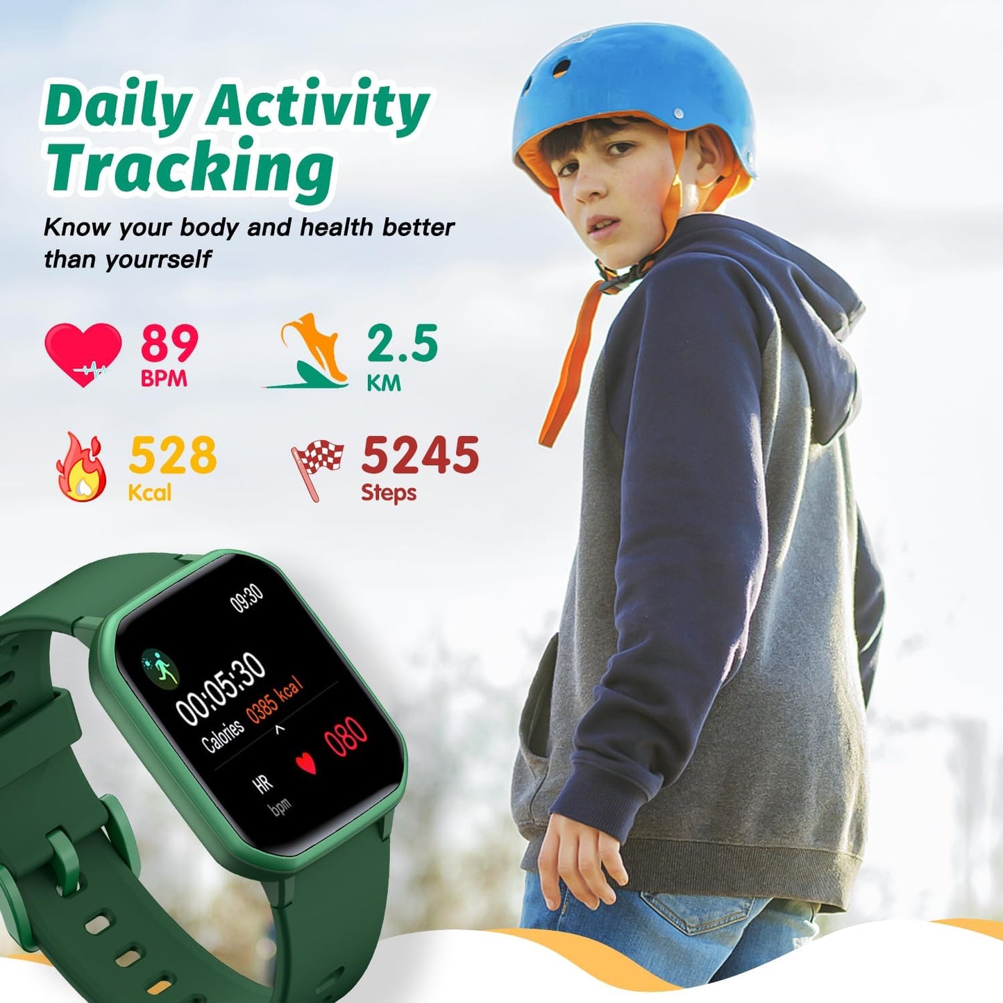 Kids Smart Watch – IP68 Waterproof Fitness Tracker with DIY Faces, Heart Rate & Sleep Monitor (Green) 