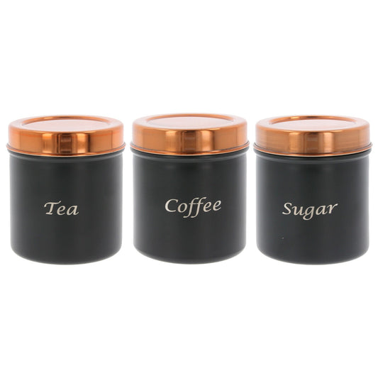 Tea Coffee Sugar Canisters Black Copper Set of 3 Kitchen Storage Jars Pots Metal
