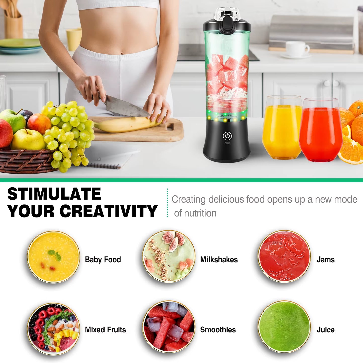 Portable 2-in-1 Smoothie Blender – 600ml USB Rechargeable Juicer with Pulse & Ice-Crush Mode