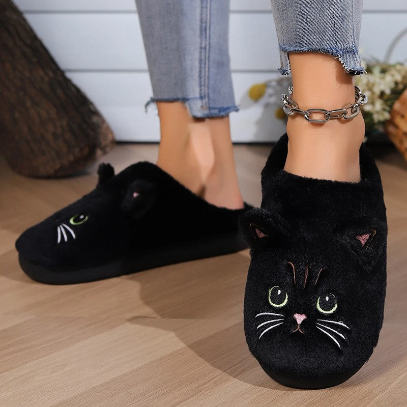 Cute Cartoon Cat Slippers – Warm Plush Indoor Slides, Non-Slip Unisex