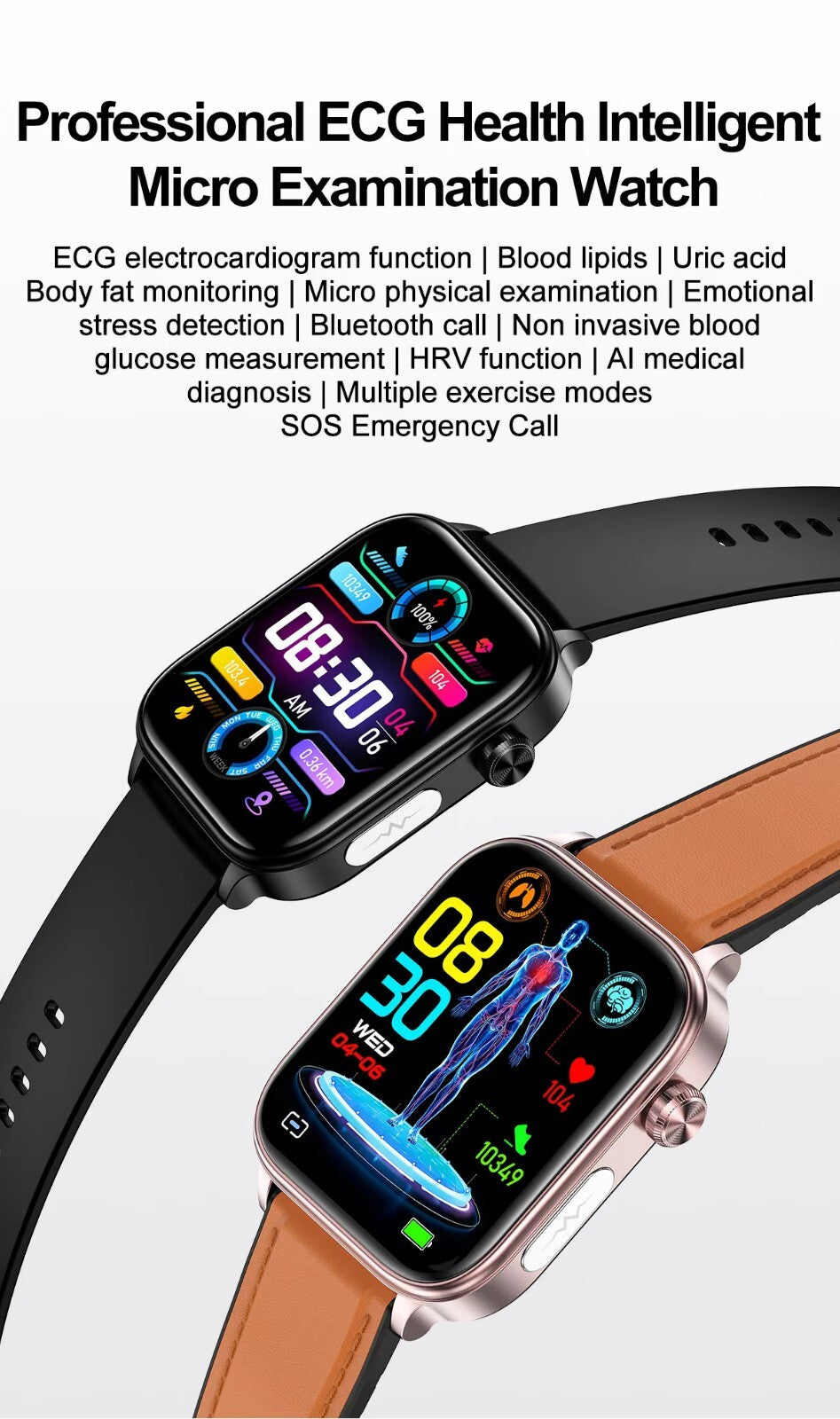 ECG/PPG Smart Watch – Heart Rate, Blood Pressure & Temperature Monitor, 1.96" Full-Touch, IP68