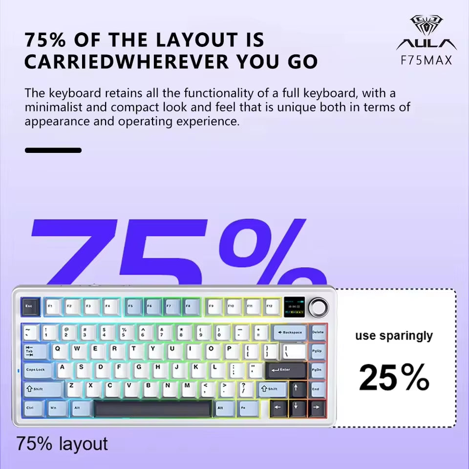 Aula F75 MAX Mechanical Keyboard – 75% Hot-Swap, RGB, TFT Screen, Bluetooth / 2.4G / Wired