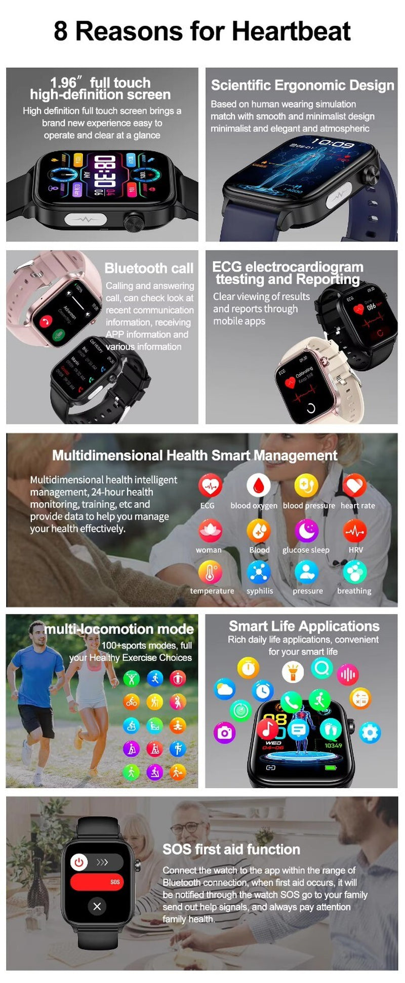 ECG/PPG Smart Watch – Heart Rate, Blood Pressure & Temperature Monitor, 1.96" Full-Touch, IP68