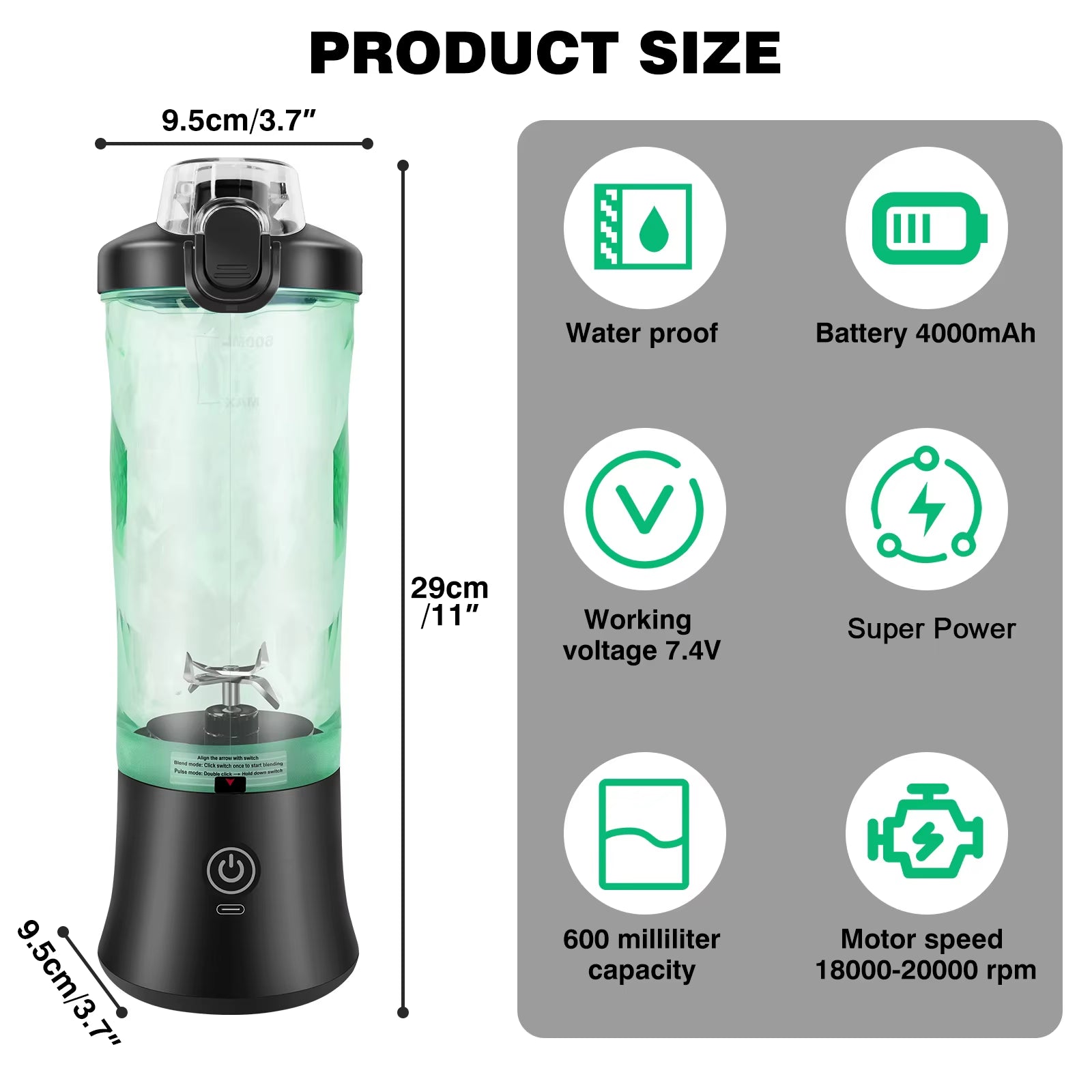 Portable 2-in-1 Smoothie Blender – 600ml USB Rechargeable Juicer with Pulse & Ice-Crush Mode
