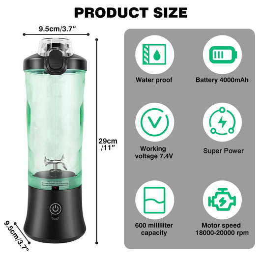 Portable 2-in-1 Smoothie Blender – 600ml USB Rechargeable Juicer with Pulse & Ice-Crush Mode