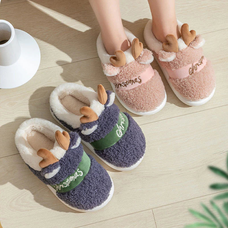 Christmas Elk Slippers – Soft Winter House Shoes, Warm Plush Slip-Ons