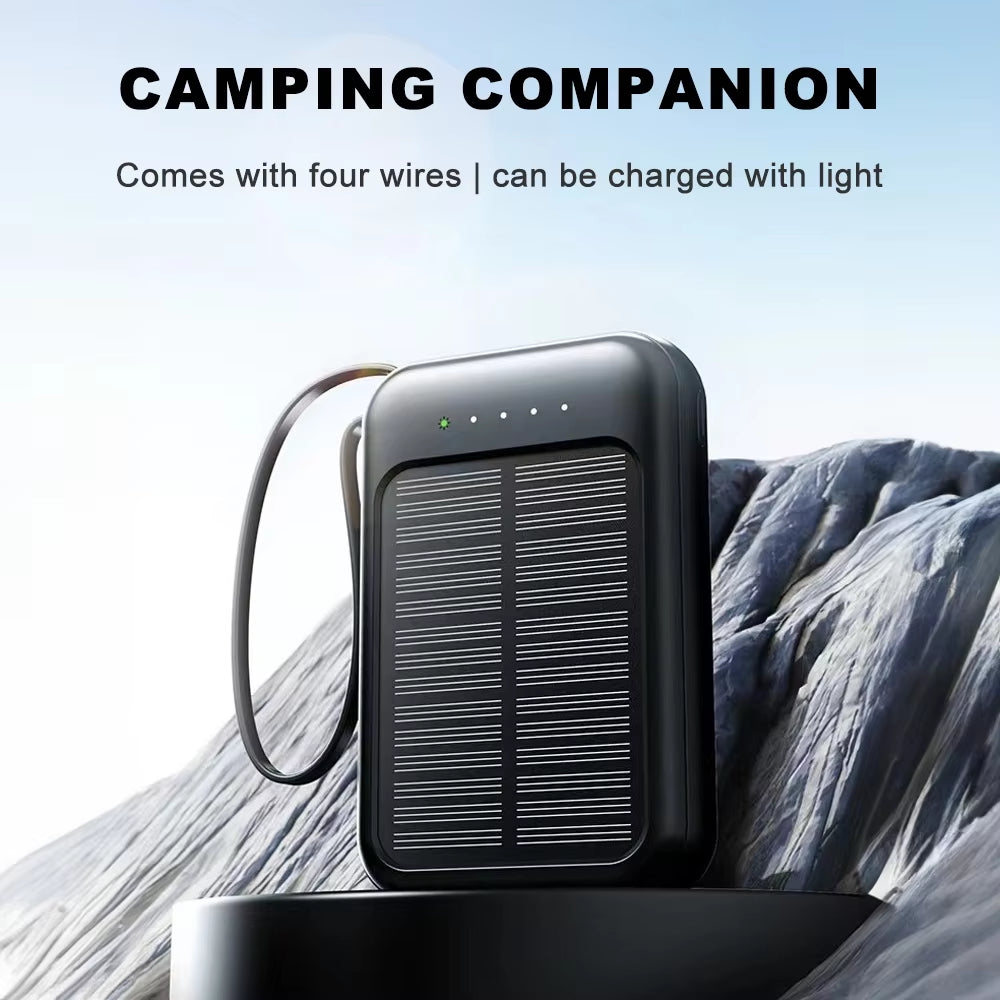 20000mAh Mini Solar Power Bank – Built-In 4 Cables, LED Light, Portable External Battery Pack