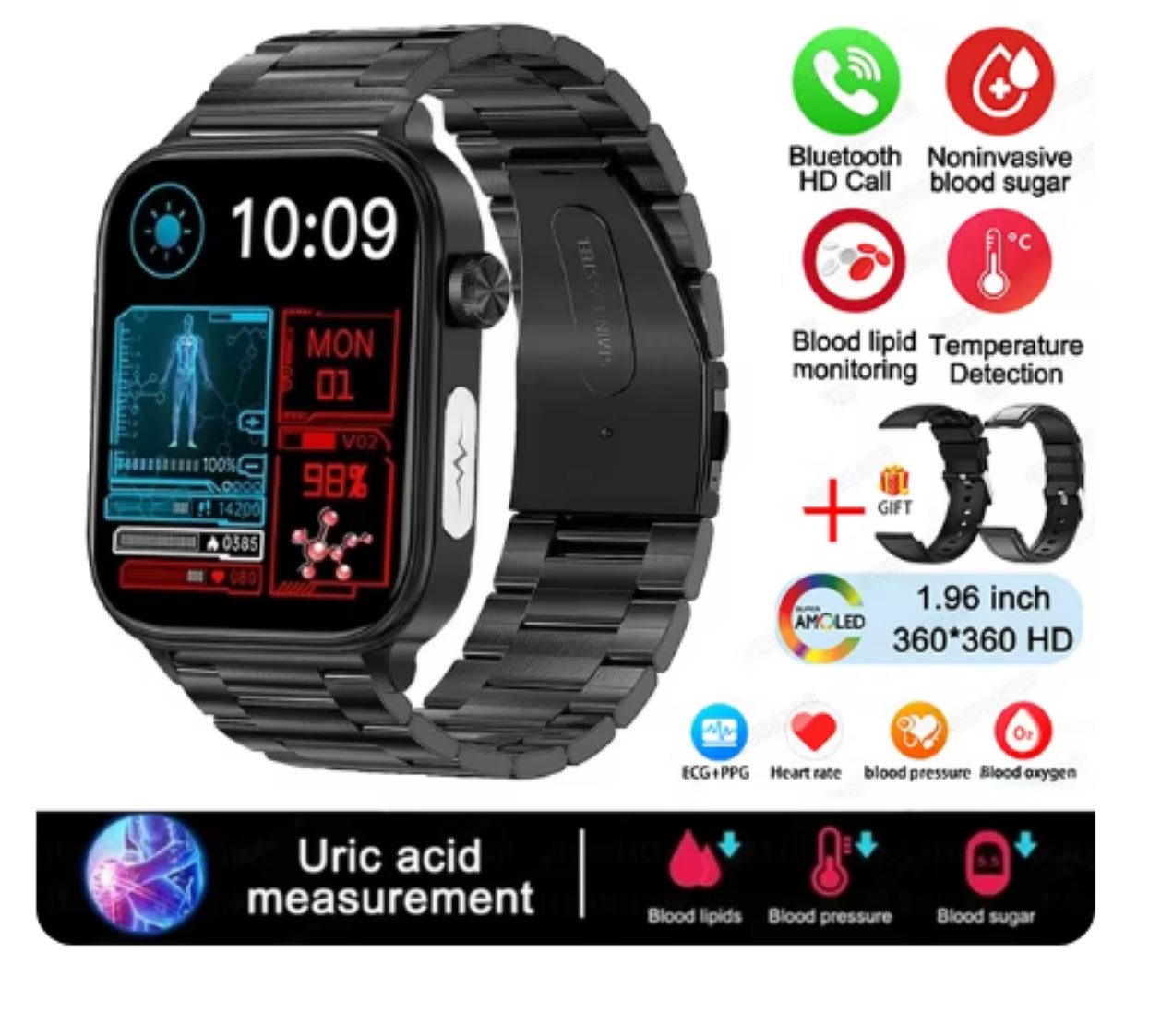 ECG/PPG Smart Watch – Heart Rate, Blood Pressure & Temperature Monitor, 1.96" Full-Touch, IP68