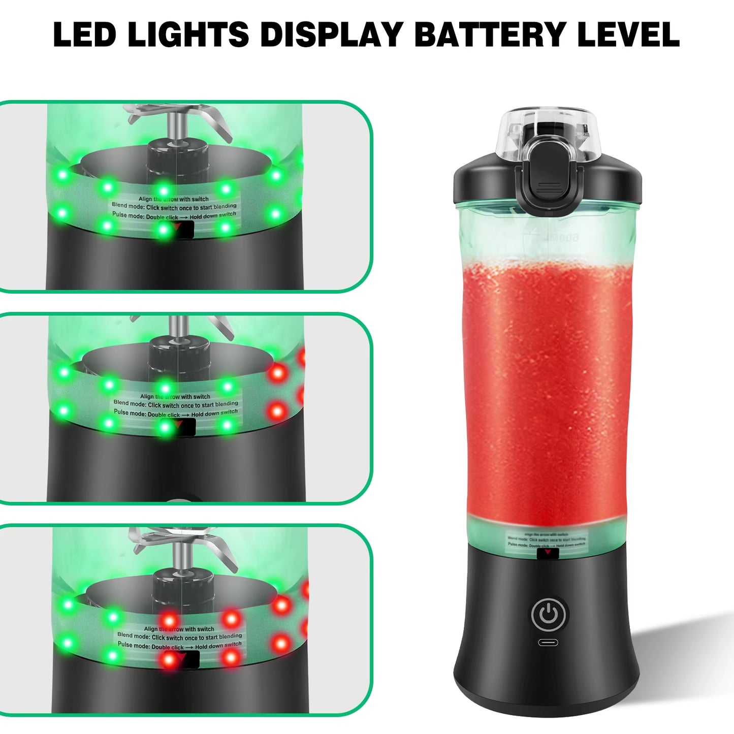 Portable 2-in-1 Smoothie Blender – 600ml USB Rechargeable Juicer with Pulse & Ice-Crush Mode