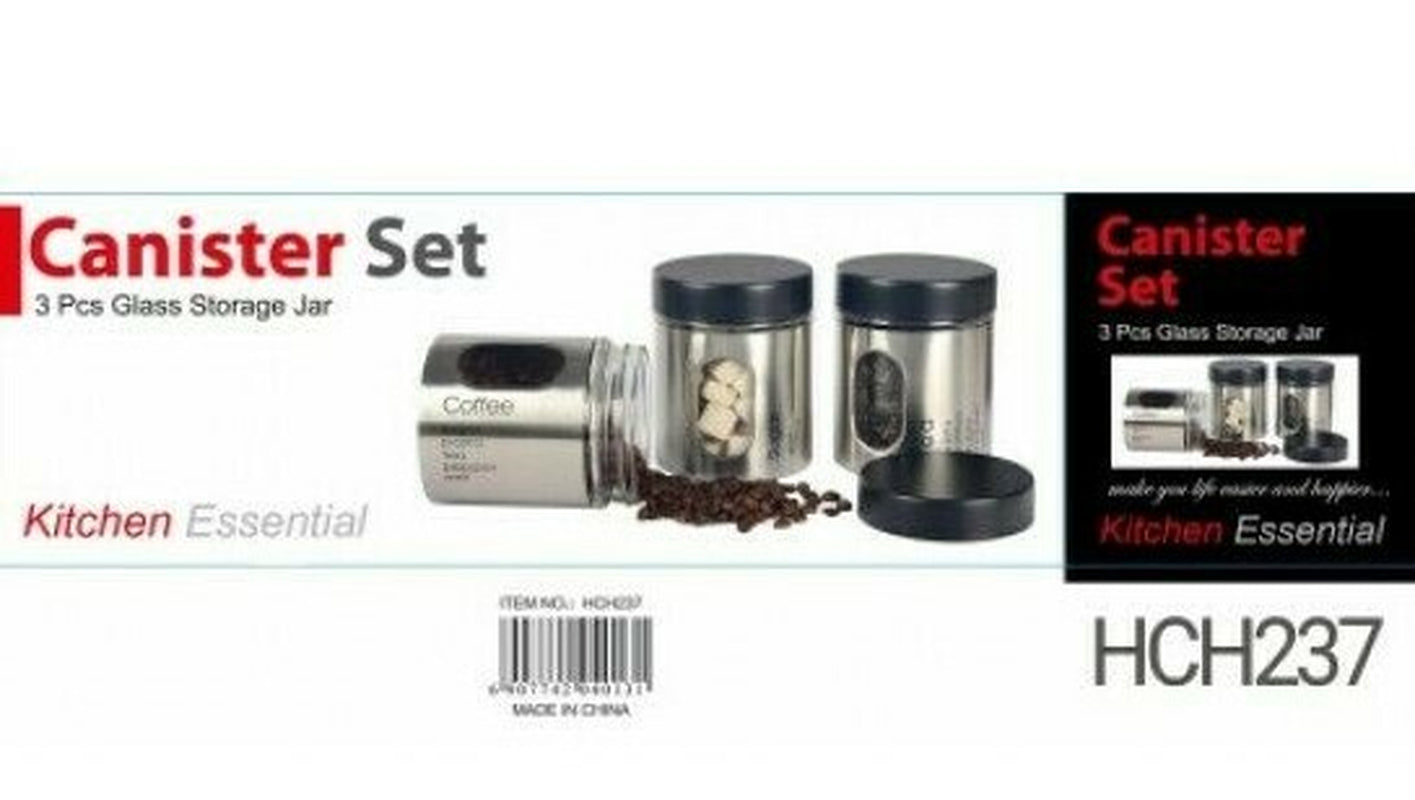 3PC Stainless Steel Tea Coffee Sugar Beans Kitchen Glass Jar Canister Storage