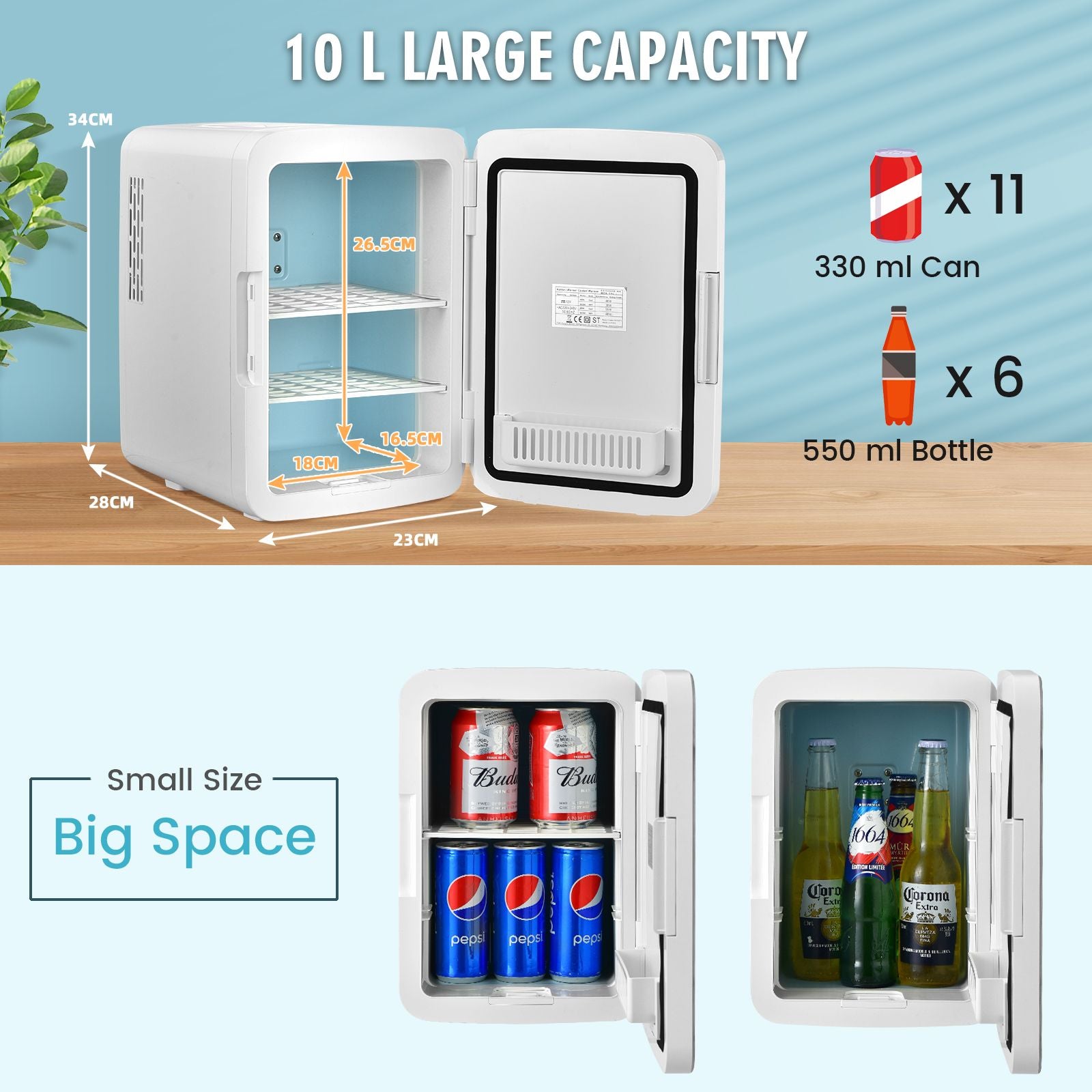 10L Portable AC/DC Beauty Fridge with LED Mirror