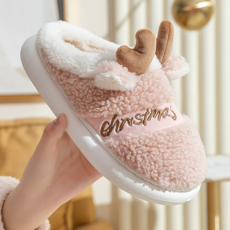 Christmas Elk Slippers – Soft Winter House Shoes, Warm Plush Slip-Ons