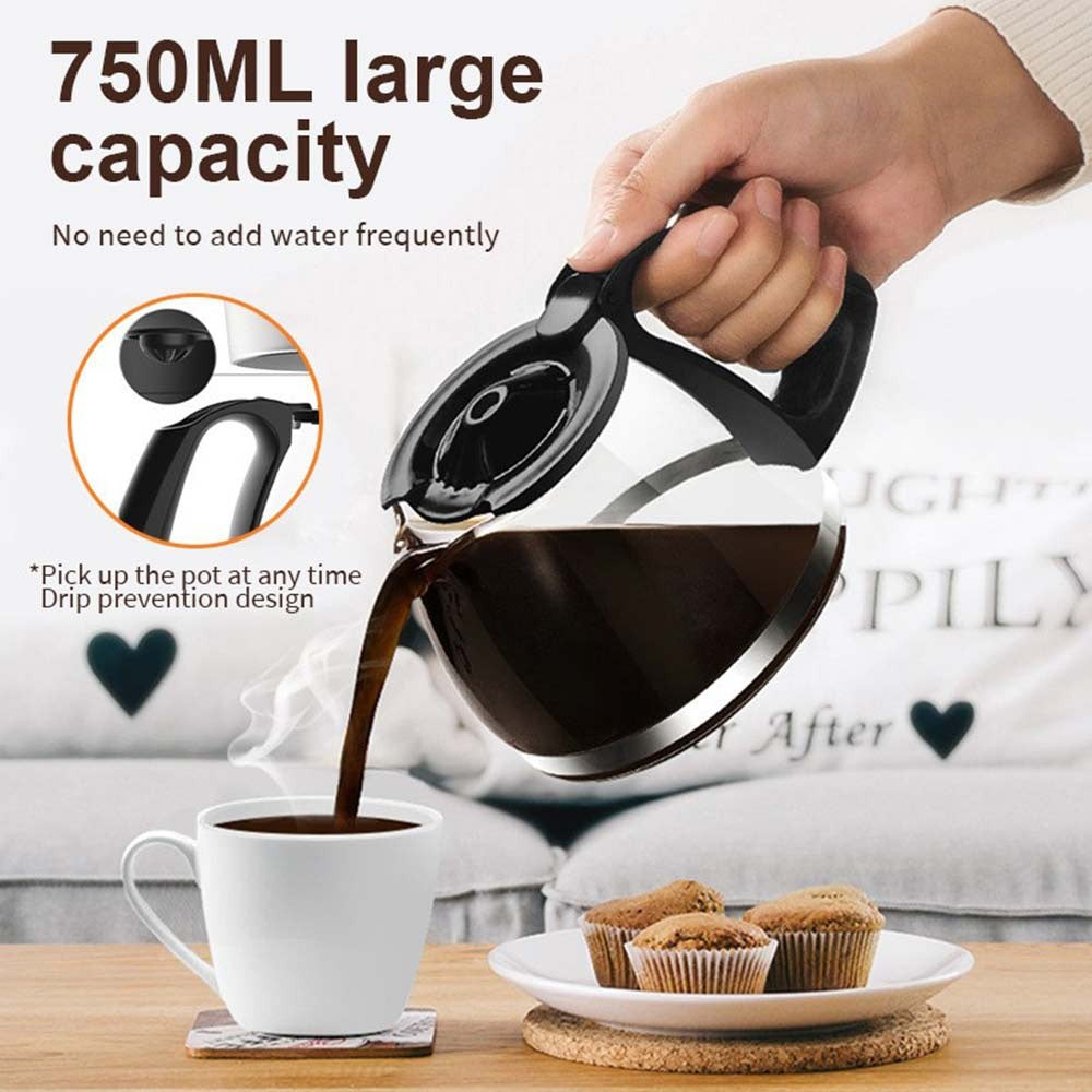 800W Filter Coffee Maker Machine – Instant Anti-Drip, 6 Cups + 750ml Glass Carafe