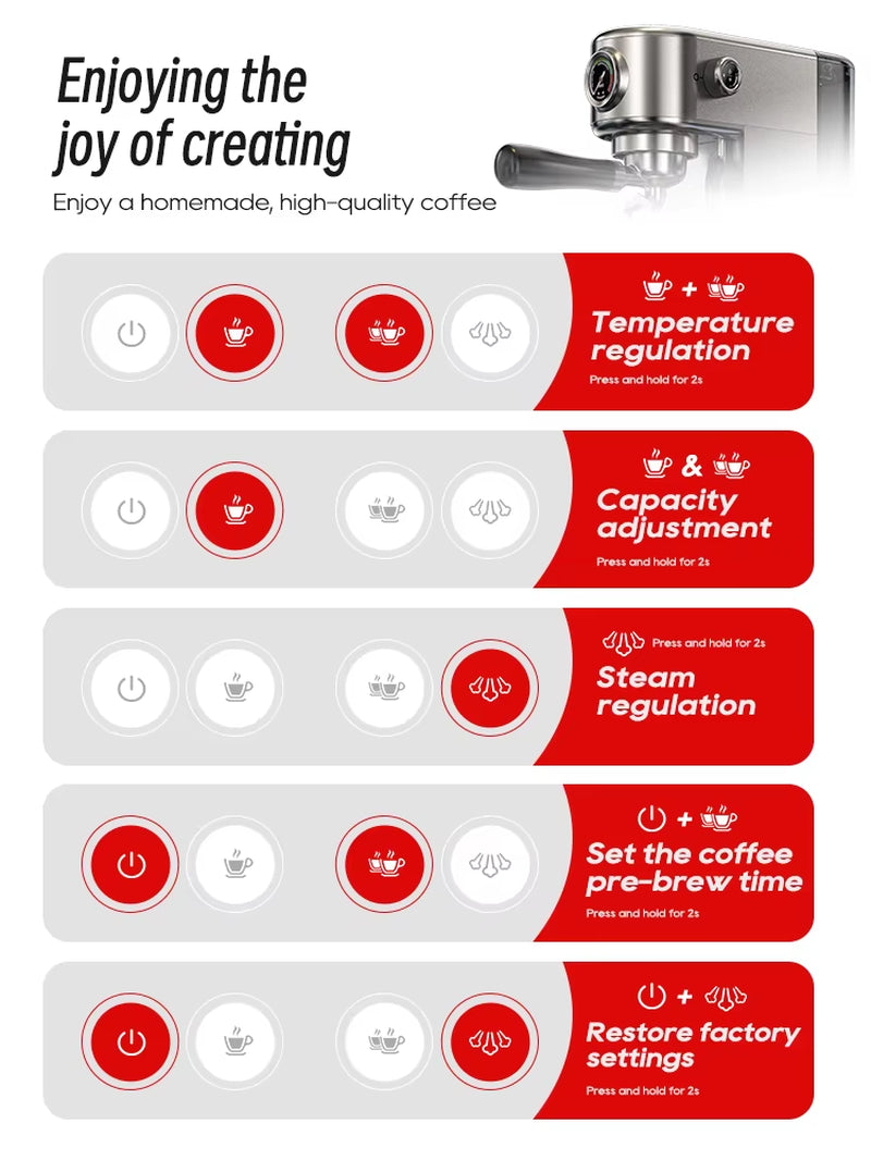 Hibrew 20Bar Semi Automatic Espresso Coffee Machine – Temperature Adjustable 58mm Portafilter