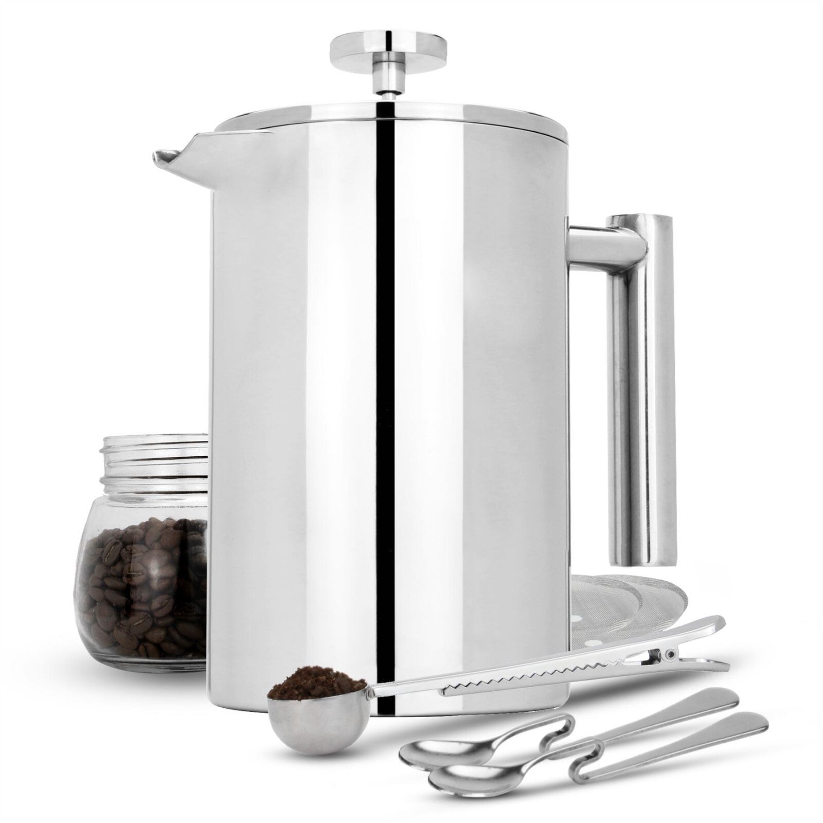 French Press Cafetiere Steel Coffee Maker 1500ml — FREE Filters & Spoons | M&W