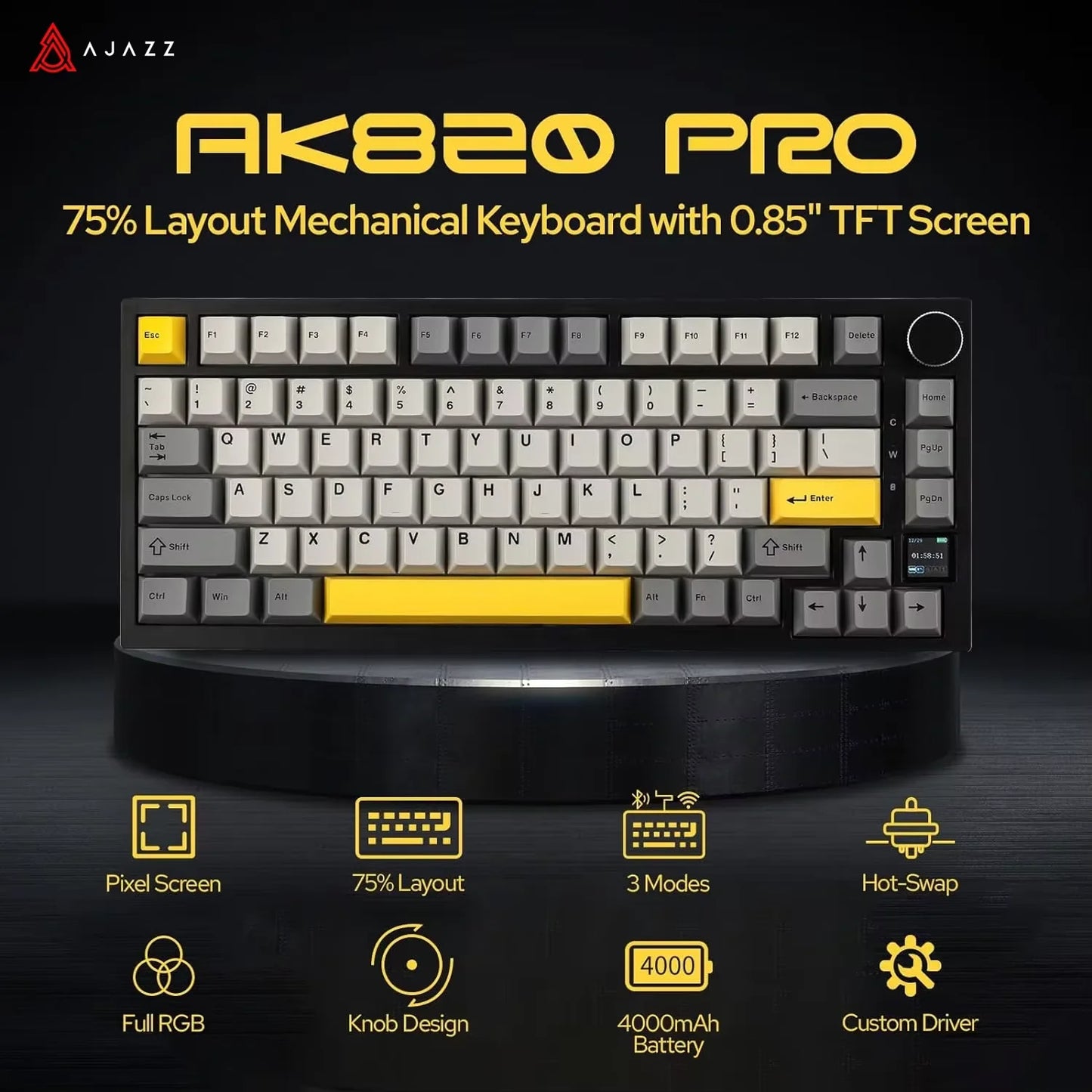 AJAZZ AK820 / AK820 Pro Mechanical Keyboard – 75% Hot-Swap, RGB, Bluetooth 5.1 / 2.4G / USB-C, Gasket Mount, Volume Knob