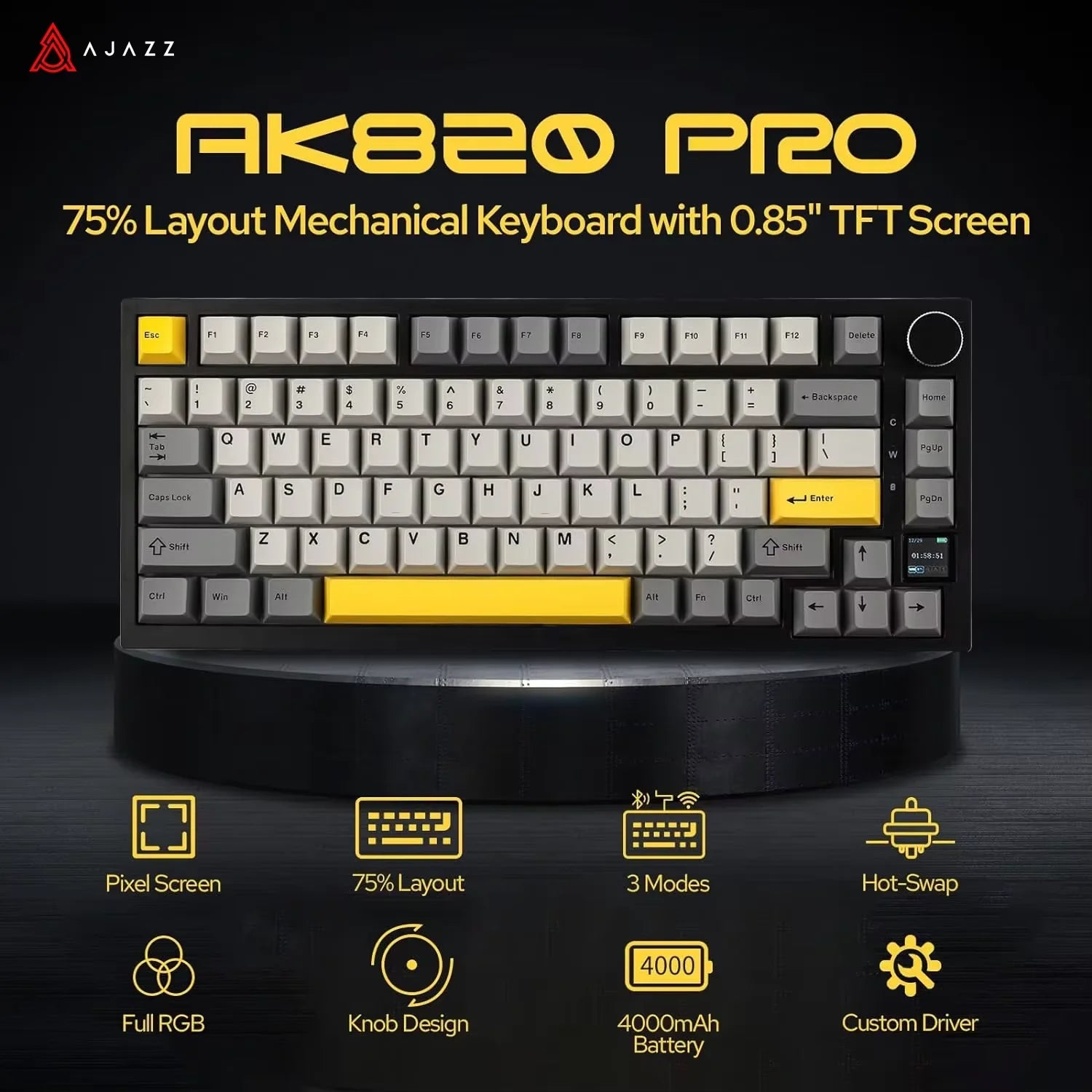 AJAZZ AK820 / AK820 Pro Mechanical Keyboard – 75% Hot-Swap, RGB, Bluetooth 5.1 / 2.4G / USB-C, Gasket Mount, Volume Knob