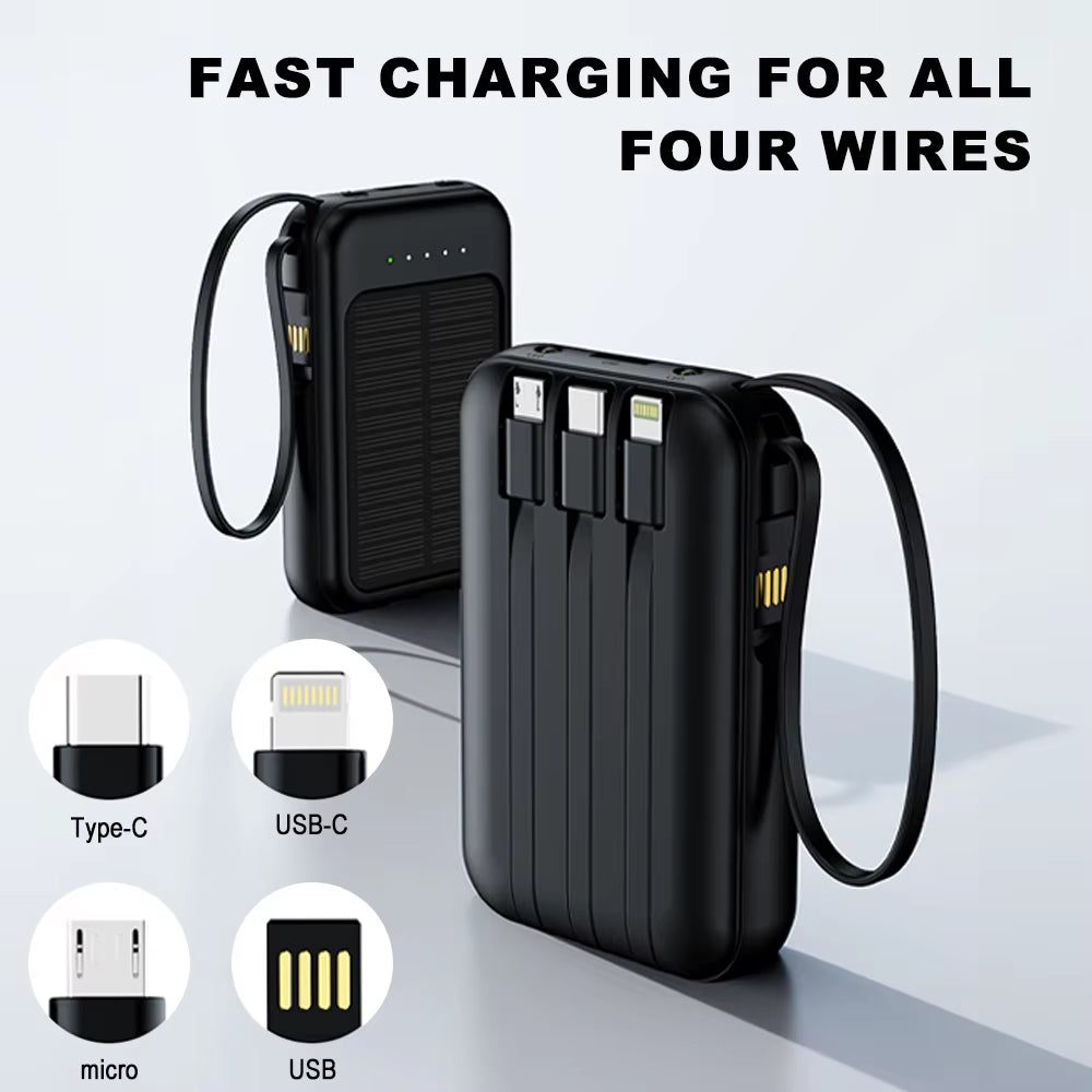 20000mAh Mini Solar Power Bank – Built-In 4 Cables, LED Light, Portable External Battery Pack