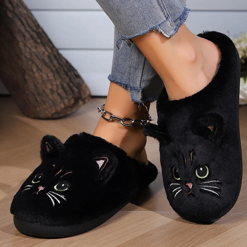 Cute Cartoon Cat Slippers – Warm Plush Indoor Slides, Non-Slip Unisex