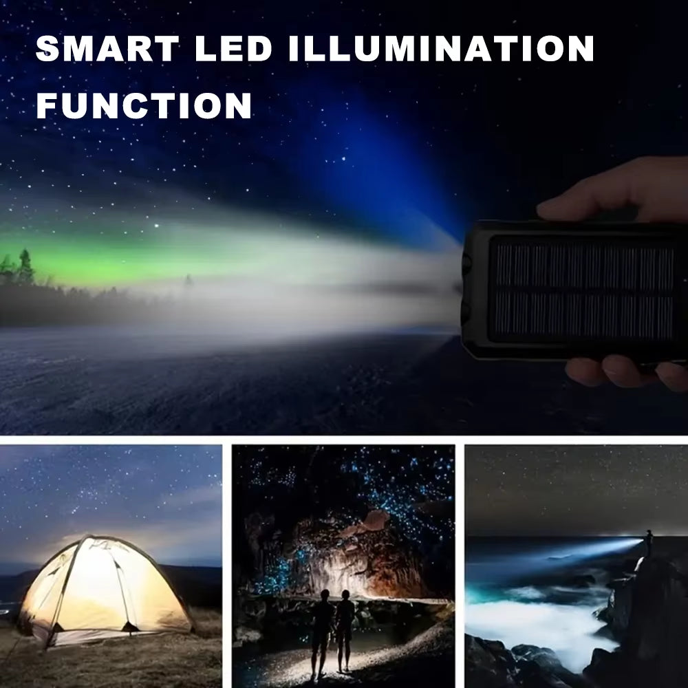 20000mAh Mini Solar Power Bank – Built-In 4 Cables, LED Light, Portable External Battery Pack