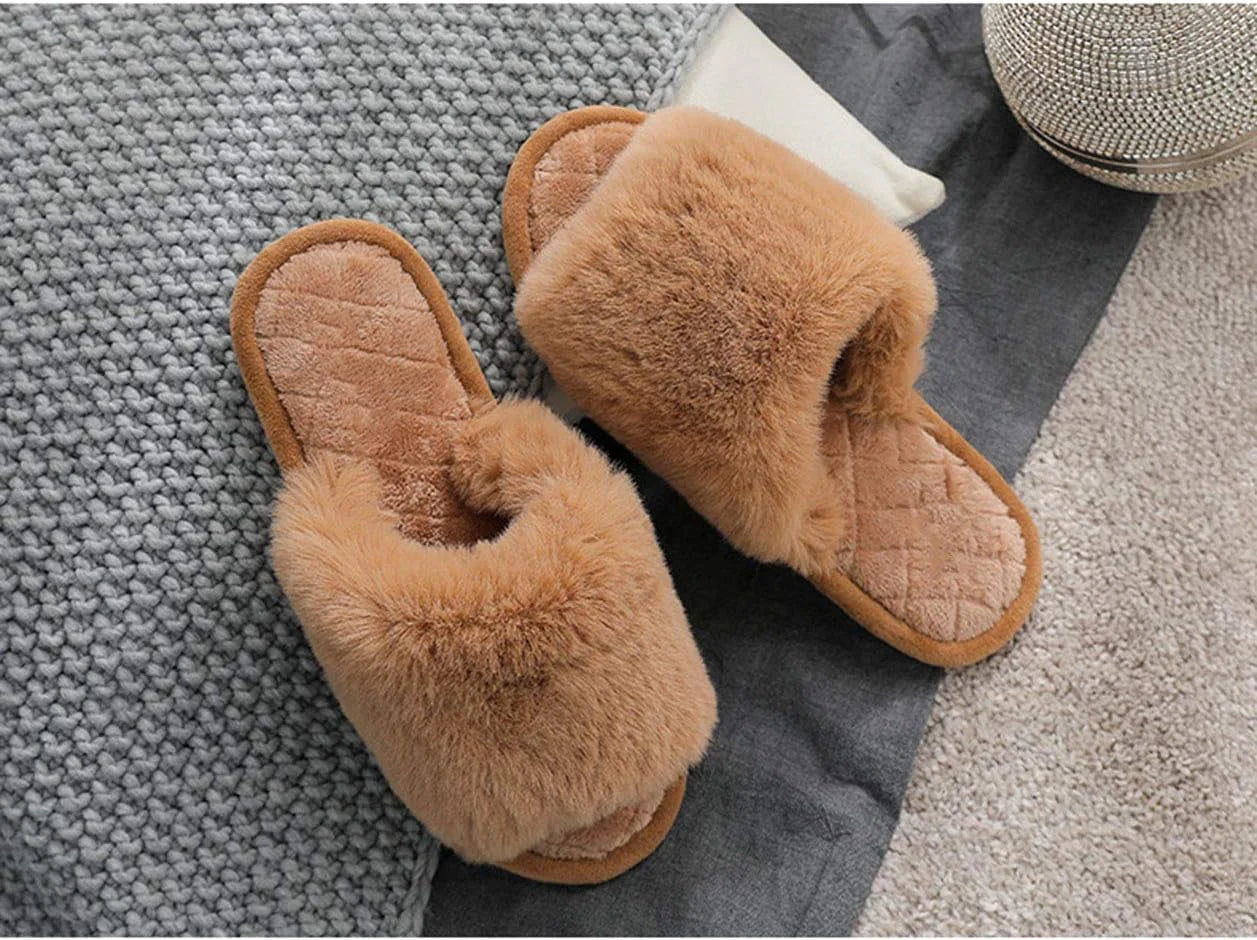 Fuzzy Fur Slippers For Her – Soft Open-Toe Memory Foam Slides, Indoor/Outdoor
