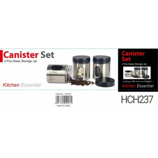 3PC Stainless Steel Tea Coffee Sugar Beans Kitchen Glass Jar Canister Storage